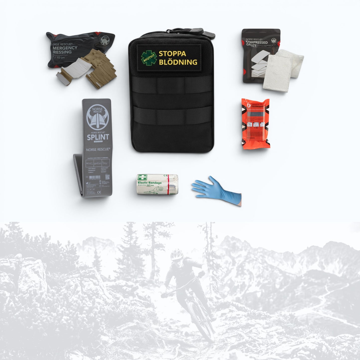 Outdoor Bas akutkit med SWAT-T tourniquet, NORSE RESCUE Splint, tryckförband och kompress för blödning och skador i friluftsmiljö.