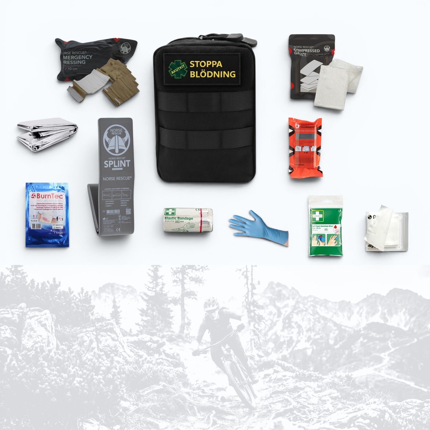 Outdoor Plus första hjälpen-kit med tourniquet, splint, BurnTec, Emergency Blanket och utrustning för blödning och skador i friluftsmiljö.