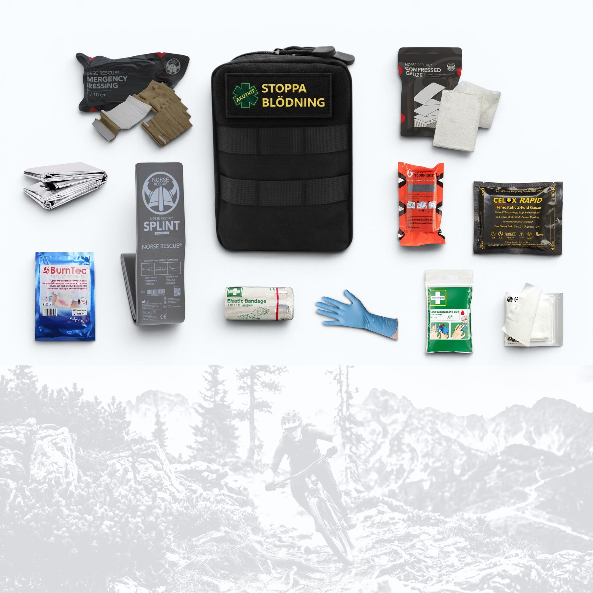 Outdoor Pro första hjälpen-kit med Celox Rapid, tourniquet, splint, BurnTec och Emergency Blanket för friluftsliv och jakt.