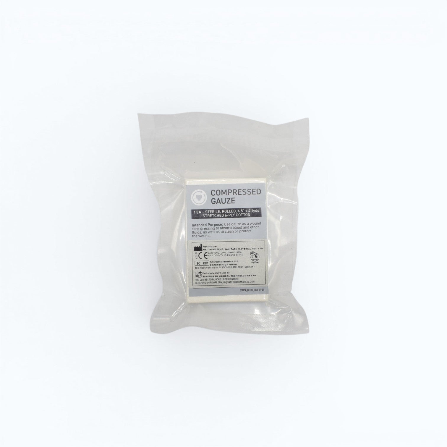 Compressed Gauze – Gasväv för sårpackning vid kraftig blödning i steril förpackning.